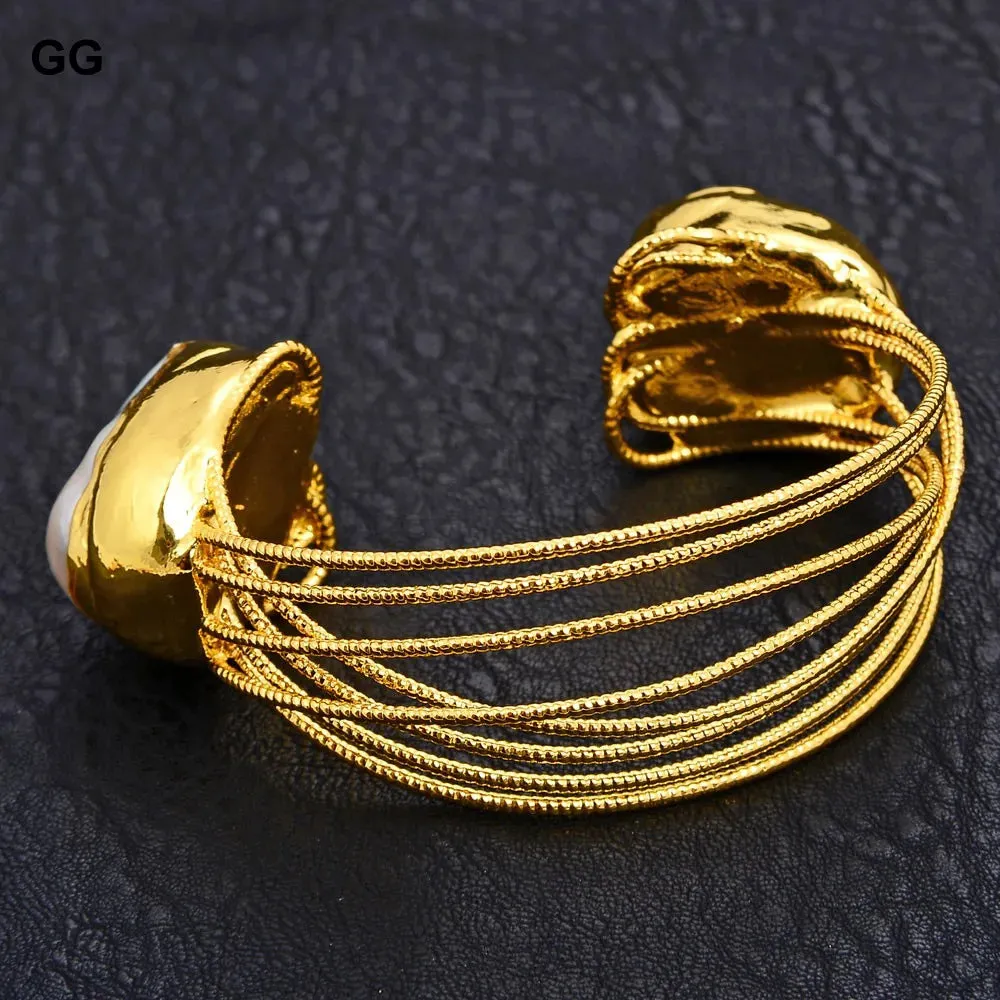 Modern  Jewelry Natural Cultured White Keshi Baroque Pearl Bangle 24 K Gold Color Plated Bracelet For Women
