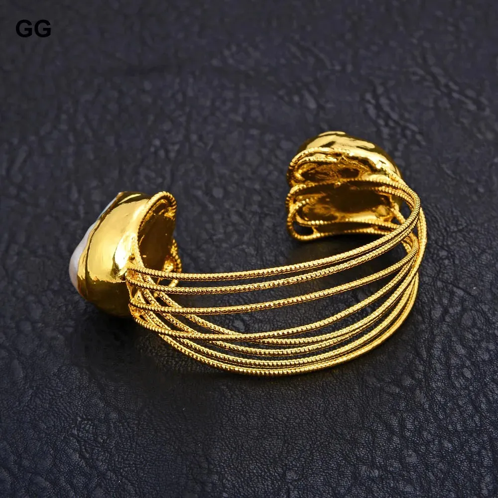 Modern  Jewelry Natural Cultured White Keshi Baroque Pearl Bangle 24 K Gold Color Plated Bracelet For Women
